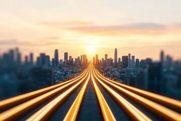 Freedom Wealth concept. Sunset view of city skyline with illuminated tracks leading forward.