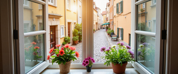 Charming village view with flowers on window sill, European serenity