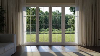 Serene Sunlight Streaming Through French Doors to a Lush Green Garden
