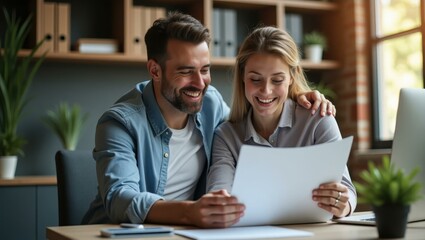 Man and woman are looking at paper while sitting at desk