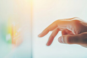 close-up of hand interacting with touch-screen monitor displaying vibrant business workflow diagram under soft light