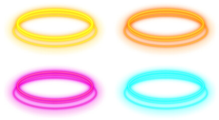 Obraz premium Illuminated colorful neon ovals rings glowing with vibrant light trails, png element set for electric, energy, luminous, shiny, halo design
