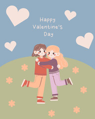 Flat-style illustration of two women hugging on a hill with hearts and flowers, celebrating love and pride. Perfect for Valentine's Day cards, LGBT themes, and diversity-focused designs.