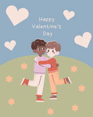 Flat-style illustration of a cheerful LGBT couple hugging on a sunny hill with flowers and hearts, celebrating love, diversity, and inclusivity. Perfect for Valentine's Day cards and romantic designs.