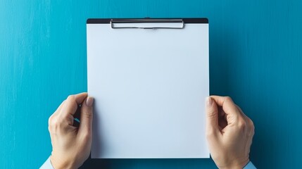 Interest Rates Retirement concept. Blank clipboard held by hands against a blue background.