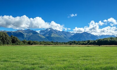 Fototapeta premium Vast Green Grass Field Under Bright Blue Sky and Puffy White Clouds with Majestic Mountain Range in Background, Serene Natural Landscape Perfect for Relaxation and Outdoor Activities, 