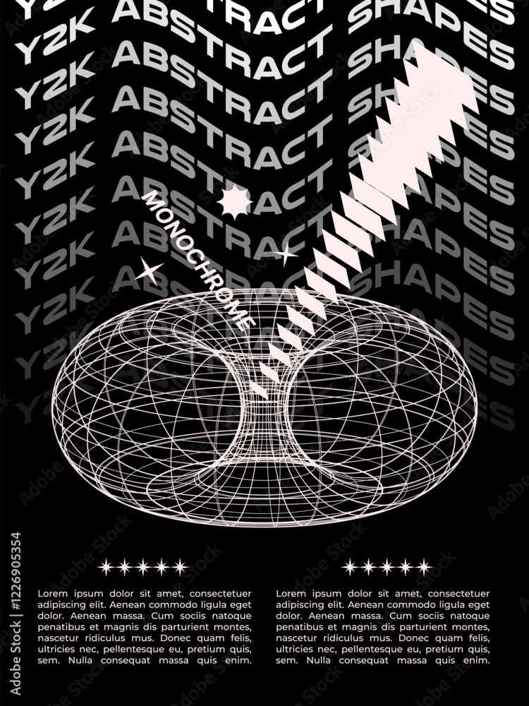 Poster brutalist monochrome poster with y2k 3d wireframe shapes on black background. cyberpunk geometric el