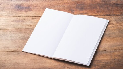 mockup blank white 3d brochure lying fully open on rustic wooden table with warm natural lighting