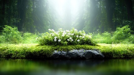 Fototapeta premium Misty forest path, white flowers by tranquil stream, serene nature scene, ideal for relaxation or spirituality themes