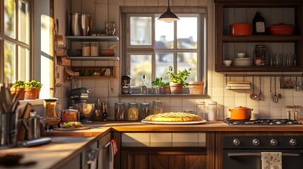 A cozy kitchen filled with baking supplies and a pie cooling on the counter. picture