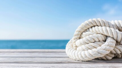 Fototapeta premium White rope knot on wooden dock, ocean background; nautical, summer concept