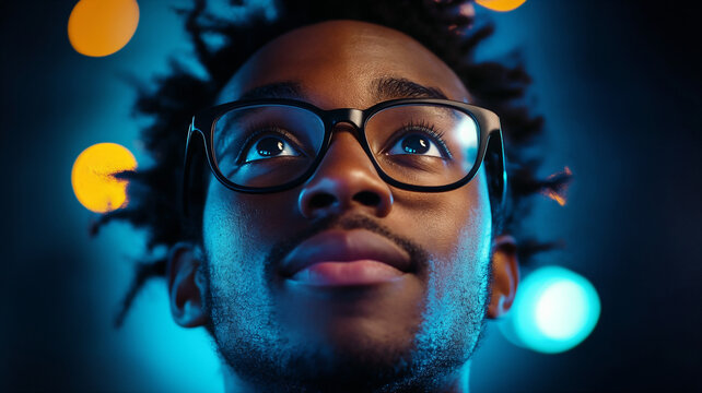 Close-Up Portrait of a Thoughtful Young Man Wearing Glasses, Looking Up with Optimism Against a Vibrant Bokeh Background. Concept of Innovation, Vision, and Future Aspirations