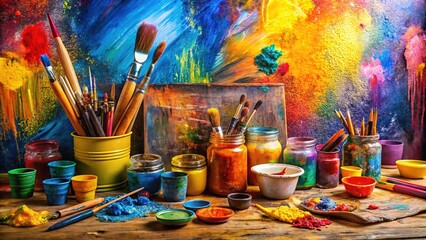 Colorful Abstract Canvas, Artistic Workspace, Paint Brushes
