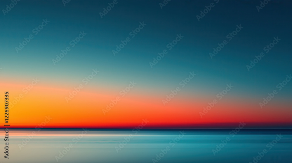Poster serene gradient of colors transitions from deep blue to vibrant orange, creating calming atmosphere over tranquil sea