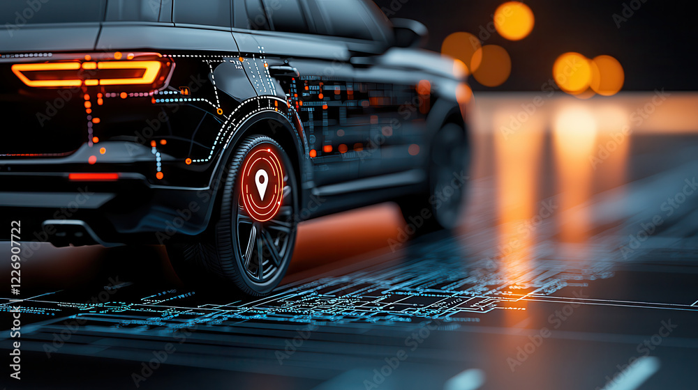 Poster dark luxury suv with digital elements and location marker, showcasing modern technology and innovati