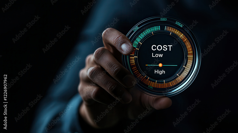 Leinwandbilder person holding cost gauge displaying low to high levels, symbolizing financial assessment and decisi