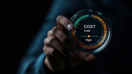 person holding cost gauge displaying low to high levels, symbolizing financial assessment and decision making. image conveys sense of evaluation and analysis
