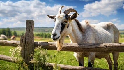 Fototapeta premium Goat Grazing in a Meadow on a Summer Sunny Day: Illustration for National Farm Animals Day