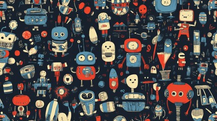 Quirky Robots Engaging in Silly Activities in a Fun and Humorous Background