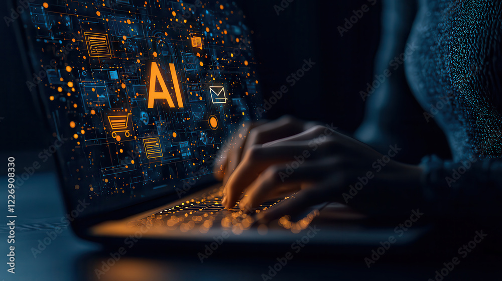 Aufkleber person typing on laptop with glowing ai graphics, showcasing technology and innovation in dark envir