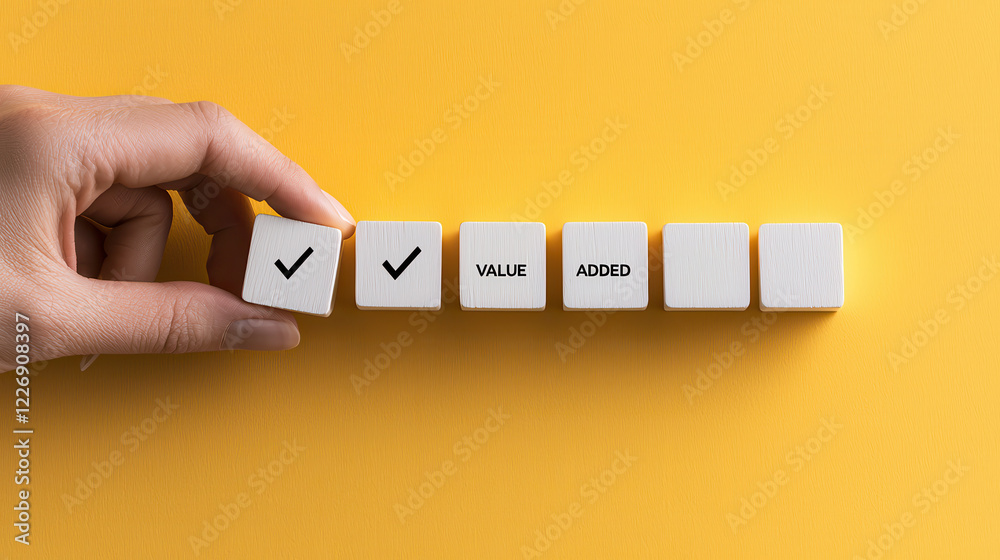 Leinwandbilder hand placing white blocks with check mark and text value added on yellow background, symbolizing qua