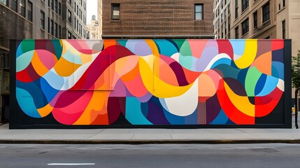 Obraz premium Vibrant Urban Mural: A captivating abstract mural explodes with color and movement, adorning a city wall. Bold shapes and dynamic lines create a visually stunning piece of street art.