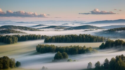 Misty sunrise over rolling hills