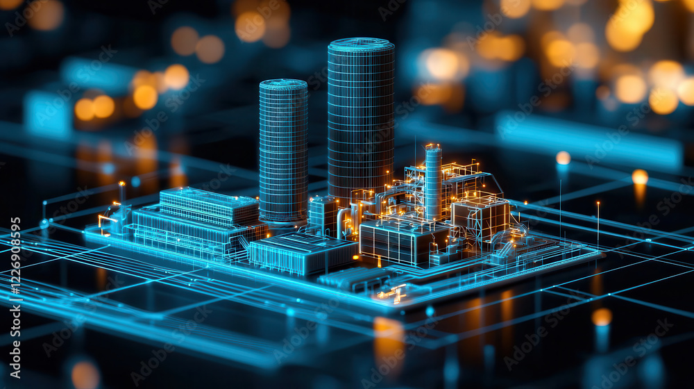 Poster detailed 3d wireframe model of industrial facility with two cooling towers, showcasing intricate des