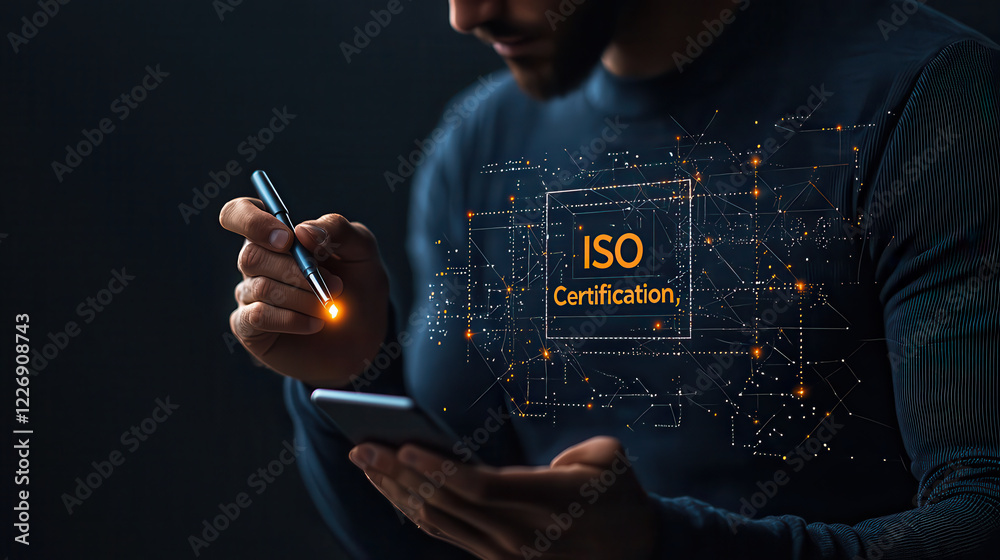 Poster man holding smartphone with digital iso certification concept, showcasing technology and innovation 