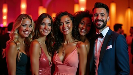 Group of people are posing for picture together at party