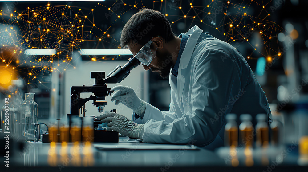Poster scientist in laboratory examines samples under microscope, showcasing focus on research and innovation. background features network of connections, symbolizing advanced technology