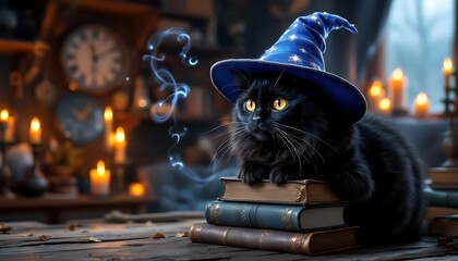 Black Cat Wizard in Magical Setting with Books