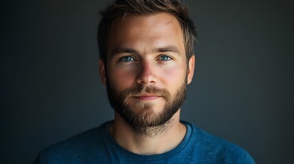 Obraz premium Confident Gaze: A close-up portrait of a young man with a beard and piercing blue eyes, radiating confidence and self-assurance. The soft lighting creates a subtle glow around his features.