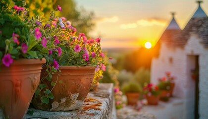Vasi di fiori nel vicolo tradizionale con case Trulli sullo sfondo al tramonto, Alberobello, Puglia, Italia