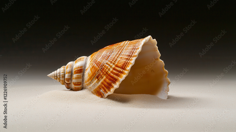 Aufkleber realistic close up image of seashell resting on fine sand, showcasing intricate patterns and textures. warm colors and smooth surface evoke sense of tranquility and natural beauty