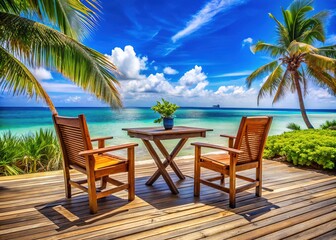 Fototapeta premium Empty Beach Patio Wood Furniture Tropical Scene
