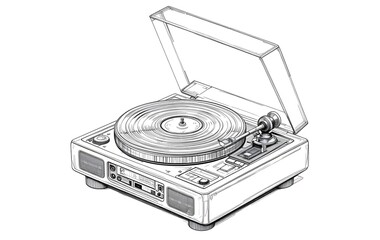 Fototapeta premium technical drawing schematic illustration of a vintage fictional unbranded record player, records, vinyl, albums, LP record, music player, technical illustration, old-fashioned, exploded view, sketch