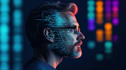 middle aged man with short light hair and glasses is depicted in profile, with digital circuit patterns overlaying his face, symbolizing technology and innovation