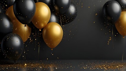 Festive background with black and gold balloons with falling confetti, perfect for a party invitation or greeting card Generative AI
