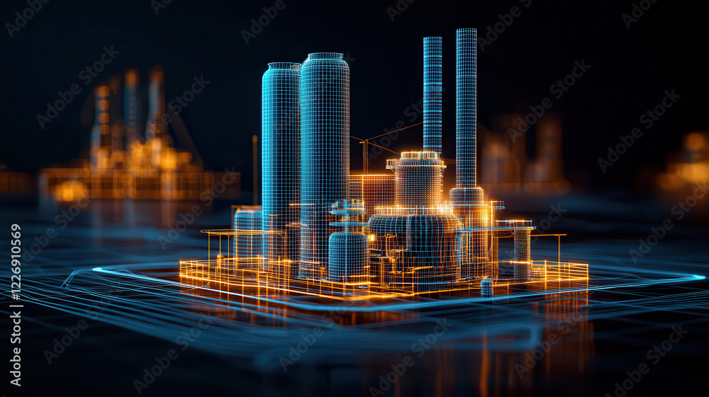 Aufkleber digital rendering of large industrial facility with glowing blue and orange lines, showcasing intricate details of machinery and structures. futuristic design emphasizes technology and innovation