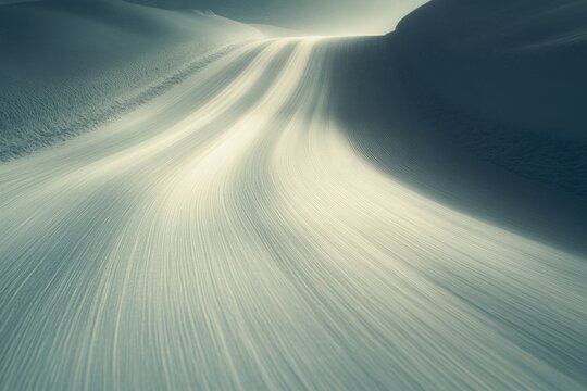 close-up of snowplow blade creating sharp lines as it clears clean road under soft ambient winter light