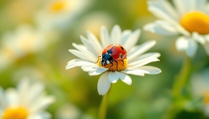 Fototapeta premium Spot of color ladybug atop a bright white daisy 