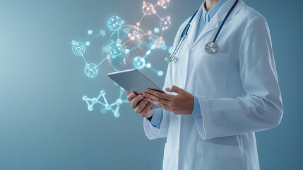 doctor in white coat holds tablet, surrounded by digital health data and molecular structures, symbolizing modern healthcare technology and innovation