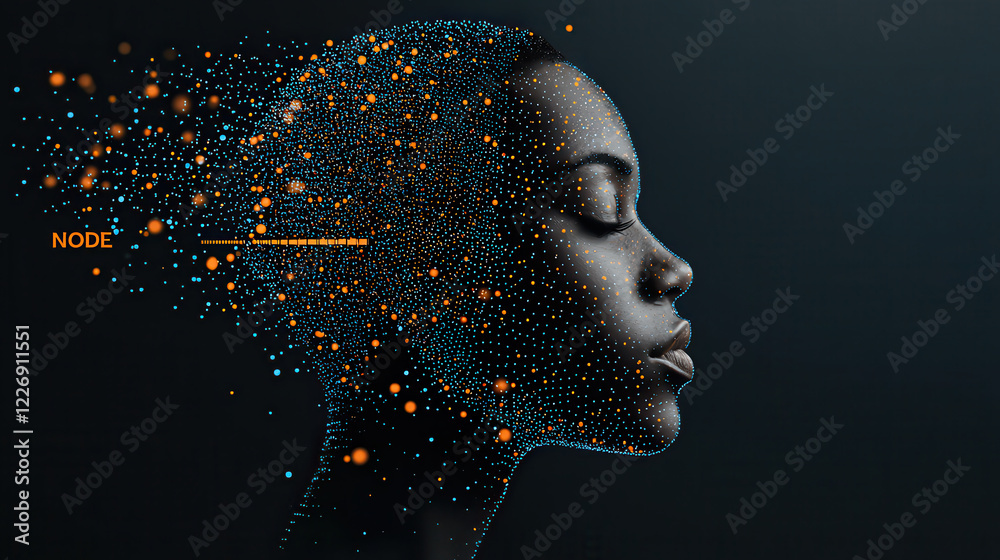 Poster digital face composed of glowing teal mesh and orange nodes, showcasing futuristic design. image evo