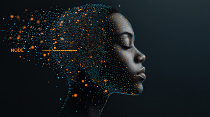 digital face composed of glowing teal mesh and orange nodes, showcasing futuristic design. image evokes sense of technology and innovation