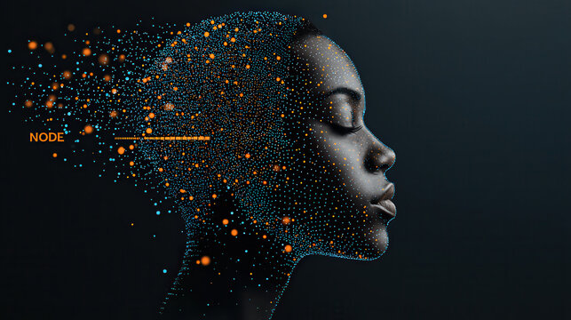 digital face composed of glowing teal mesh and orange nodes, showcasing futuristic design. image evokes sense of technology and innovation