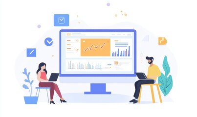 Fototapeta premium SEO Strategies with Marketers Optimizing Website Content Using AI Technology on a Laptop in Modern Office, Digital Marketing Data Analytics Dashboard, Daytime, Professional Workspace, 