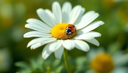 Fototapeta premium Spot of color ladybug atop a bright white daisy 