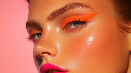 bright orange eyeliner with sharp cat-eye paired with bold fuchsia lipstick and glowing highlighter