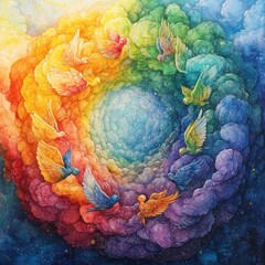 Colorful Swirling Clouds with Birds in a Fantasy Landscape Art